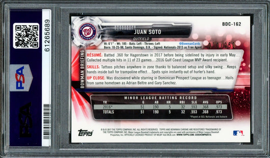 Juan Soto Autographed 2017 Bowman Draft Chrome Purple Refractor Rookie Card #BDC162 Washington Nationals PSA 9 #70/250 PSA/DNA #61265689