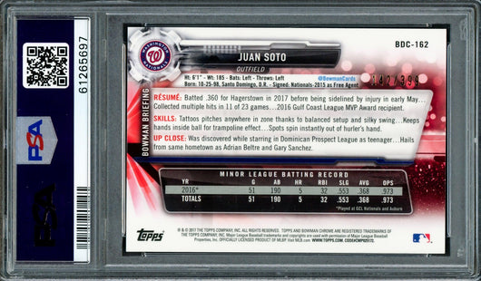 Juan Soto Autographed 2017 Bowman Draft Chrome Sky Blue Refractor Rookie Card #BDC162 Washington Nationals PSA 9 #142/399 PSA/DNA #61265697