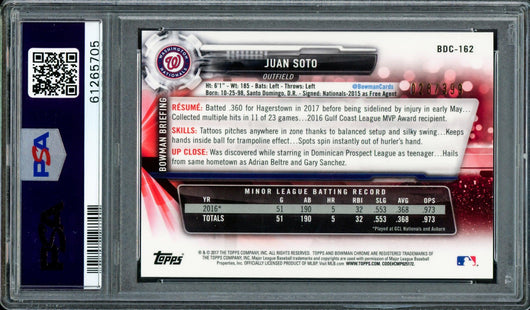 Juan Soto Autographed 2017 Bowman Draft Chrome Sky Blue Refractor Rookie Card #BDC162 Washington Nationals PSA 8 #28/399 PSA/DNA #61265705