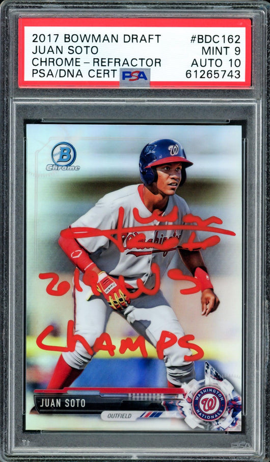 Juan Soto Autographed 2017 Bowman Draft Chrome Refractor Rookie Card #BDC162 Washington Nationals PSA 9 Auto Grade Gem Mint 10 "2019 WS Champs" PSA/DNA #61265743