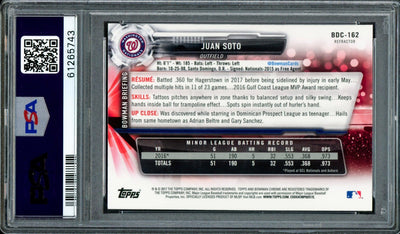 Juan Soto Autographed 2017 Bowman Draft Chrome Refractor Rookie Card #BDC162 Washington Nationals PSA 9 Auto Grade Gem Mint 10 "2019 WS Champs" PSA/DNA #61265743