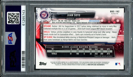 Juan Soto Autographed 2017 Bowman Draft Chrome Refractor Rookie Card #BDC162 Washington Nationals PSA 9 Auto Grade Gem Mint 10 "2019 WS Champs" PSA/DNA #61265743