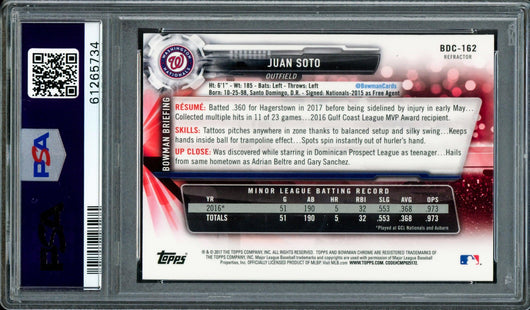 Juan Soto Autographed 2017 Bowman Draft Chrome Refractor Rookie Card #BDC162 Washington Nationals PSA 9 "2019 WS Champs" PSA/DNA #61265734
