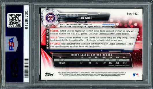 Juan Soto Autographed 2017 Bowman Draft Chrome Rookie Card #BDC162 Washington Nationals PSA 9 "2019 WS Champs" PSA/DNA #61265730