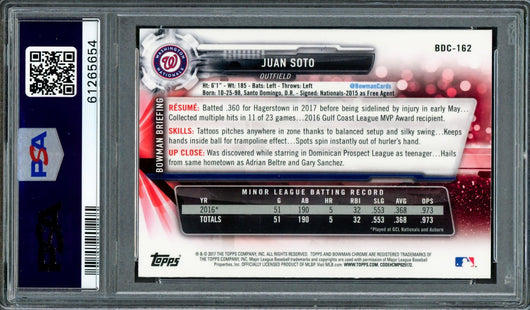 Juan Soto Autographed 2017 Bowman Draft Chrome Rookie Card #BDC162 Washington Nationals PSA 9 Auto Grade Gem Mint 10 PSA/DNA #61265654