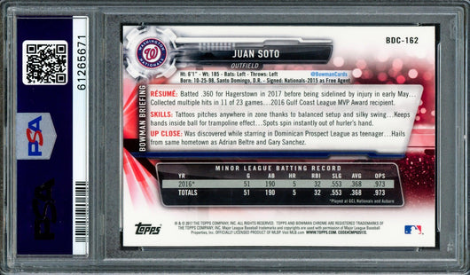 Juan Soto Autographed 2017 Bowman Draft Chrome Rookie Card #BDC162 Washington Nationals PSA 9 Auto Grade Gem Mint 10 PSA/DNA #61265671