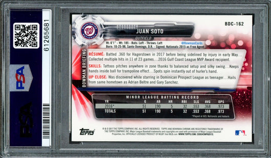 Juan Soto Autographed 2017 Bowman Draft Chrome Rookie Card #BDC162 Washington Nationals PSA 9 (Bubbling) PSA/DNA #61265681