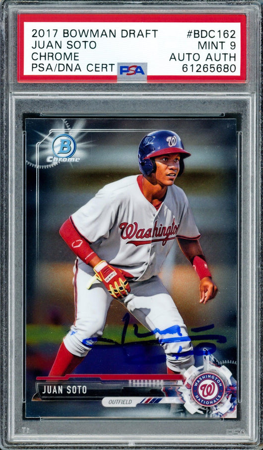 Juan Soto Autographed 2017 Bowman Draft Chrome Rookie Card #BDC162 Washington Nationals PSA 9 (Bubbling) PSA/DNA #61265680