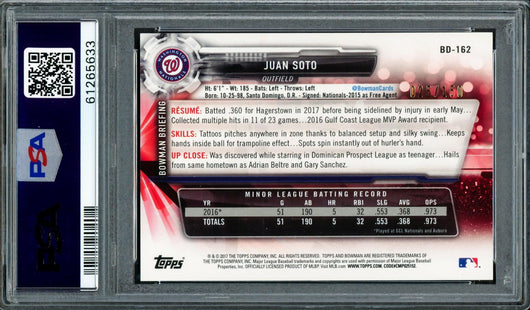 Juan Soto Autographed 2017 Bowman Draft Blue Rookie Card #BDC162 Washington Nationals PSA 8 #25/150 PSA/DNA #61265633
