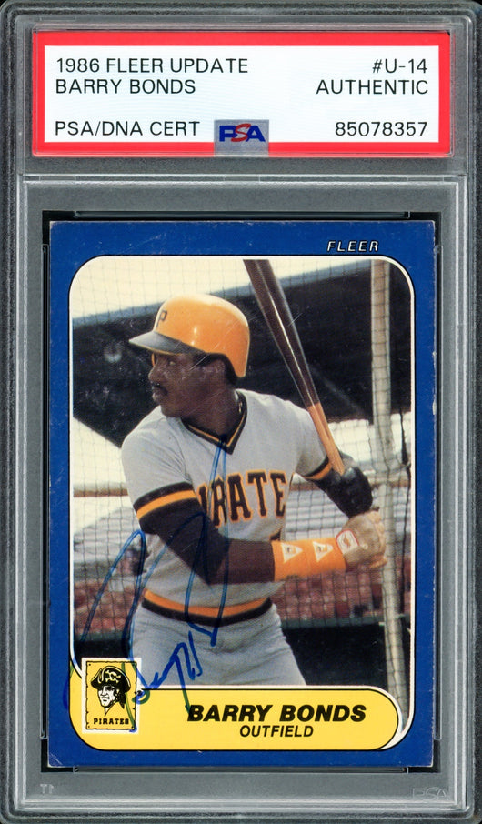 Barry Bonds Autographed 1986 Fleer Update Rookie Card #U-14 Pittsburgh Pirates Rookie Era Signature PSA/DNA #85078357