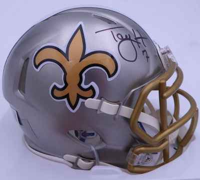 Taysom Hill Autographed New Orleans Saints Flash Gold Mini Helmet Beckett BAS QR #BE17584