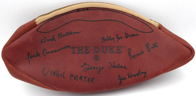 1968/69 Chicago Bears Autographed NFL Leather Wilson Shaving Kit Travel Bag With 7 Signatures Including George Halas & Dick Butkus Beckett BAS #AD43571