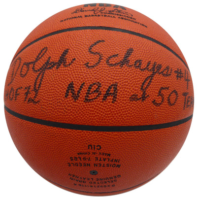 Dolph Schayes Autographed Official NBA Leather Basketball Philadelphia 76ers "HOF 72 NBA at 50 Team" Beckett BAS QR #BN14526