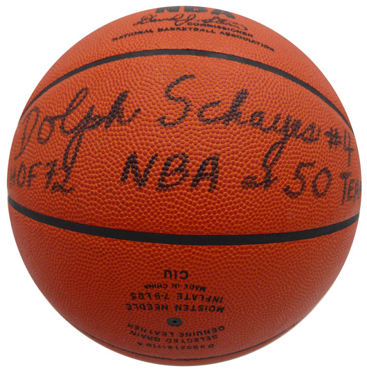 Dolph Schayes Autographed Official NBA Leather Basketball Philadelphia 76ers "HOF 72 NBA at 50 Team" Beckett BAS QR #BN14526