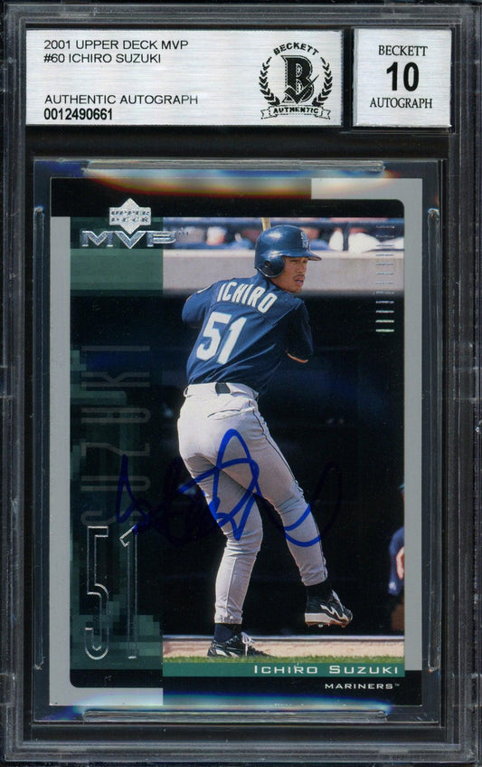 Ichiro Suzuki Autographed 2001 Upper Deck MVP Rookie Card #60 Seattle Mariners Auto Grade 10 Beckett BAS Stock #182375