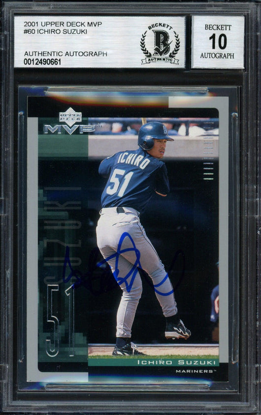 Ichiro Suzuki Autographed 2001 Upper Deck MVP Rookie Card #60 Seattle Mariners Auto Grade 10 Beckett BAS Stock #182375