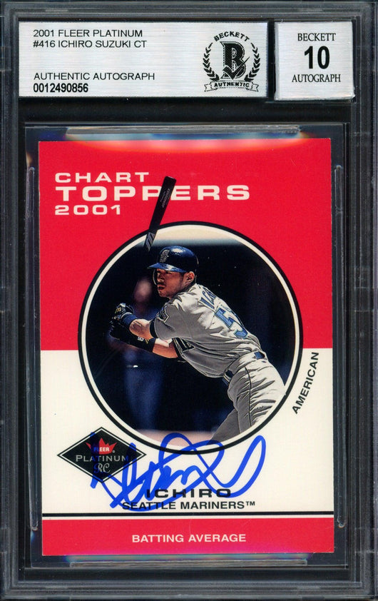 Ichiro Suzuki Autographed 2001 Fleer Platinum Chart Toppers Rookie Card #416 Seattle Mariners Auto Grade 10 Beckett BAS #12490856