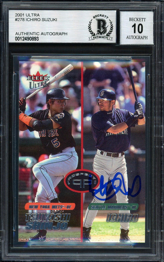 Ichiro Suzuki Autographed 2001 Fleer Ultra Rookie Card #278 Seattle Mariners #1392/1499 Auto Grade 10 Beckett BAS #12490893