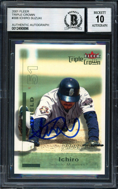 Ichiro Suzuki Autographed 2001 Fleer Triple Crown Rookie Card #306 Seattle Mariners #2961/2999 Auto Grade 10 Beckett BAS #12490896