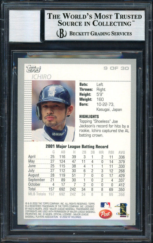 Ichiro Suzuki Autographed 2002 Topps Post Card #9 Seattle Mariners Auto Grade 10 Beckett BAS #12491005