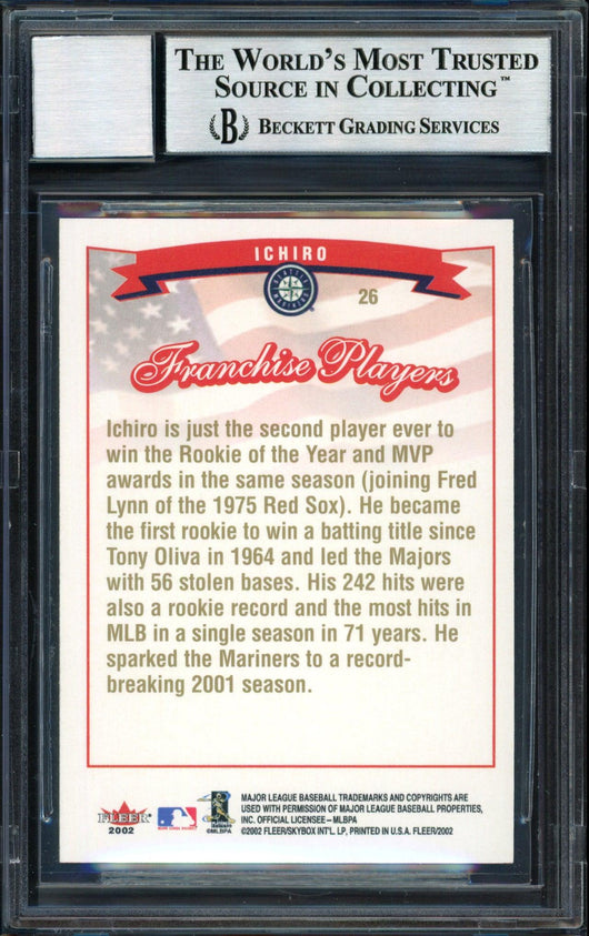 Ichiro Suzuki Autographed 2002 Fleer Franchise Players Card #26 Seattle Mariners Auto Grade 10 Beckett BAS #12491068