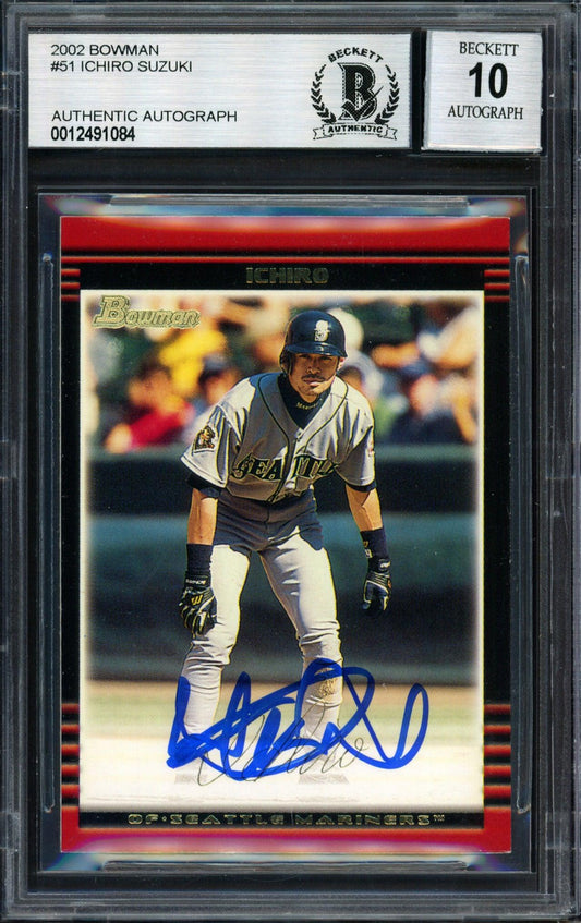 Ichiro Suzuki Autographed 2002 Bowman Card #51 Seattle Mariners Auto Grade 10 Beckett BAS #12491084