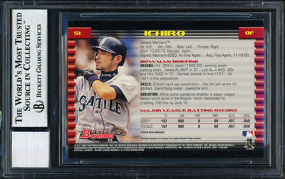 Ichiro Suzuki Autographed 2002 Bowman Card #51 Seattle Mariners Auto Grade 10 Beckett BAS #12491085