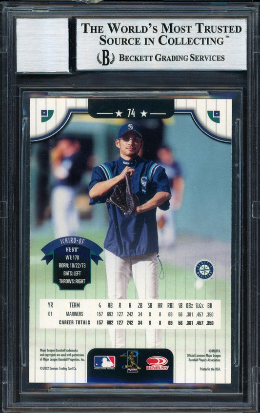 Ichiro Suzuki Autographed 2002 Donruss Card #74 Seattle Mariners Auto Grade 10 Beckett BAS #12491132