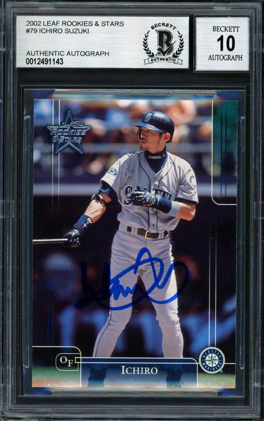Ichiro Suzuki Autographed 2002 Leaf Rookie & Stars Card #79 Seattle Mariners Auto Grade 10 Beckett BAS #12491143