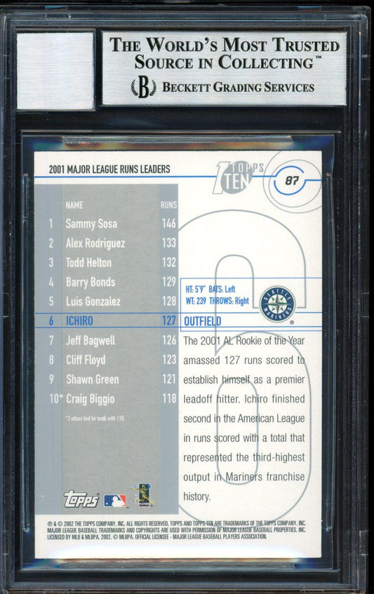 Ichiro Suzuki Autographed 2002 Topps Ten Card #87 Seattle Mariners Auto Grade 10 Beckett BAS #12491158
