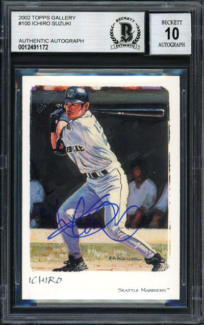 Ichiro Suzuki Autographed 2002 Topps Gallery Card #100 Seattle Mariners Auto Grade 10 Beckett BAS #12491172