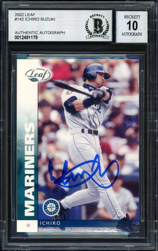 Ichiro Suzuki Autographed 2002 Leaf Card #142 Seattle Mariners Auto Grade 10 Beckett BAS #12491179