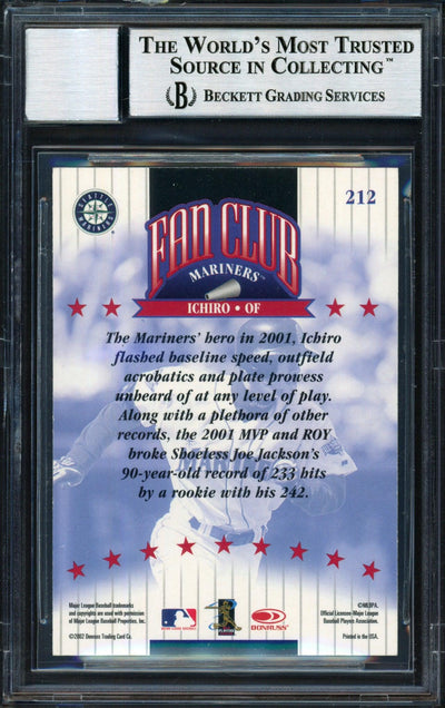 Ichiro Suzuki Autographed 2002 Donruss Fan Club Card #212 Seattle Mariners Auto Grade 10 Beckett BAS #12491182