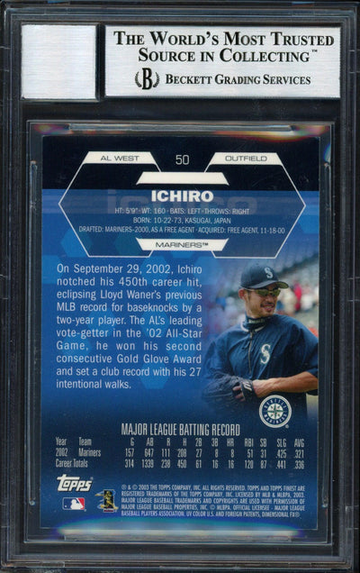 Ichiro Suzuki Autographed 2003 Topps Finest Card #50 Seattle Mariners Auto Grade 10 Beckett BAS #12491294