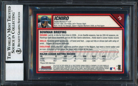 Ichiro Suzuki Autographed 2007 Bowman Chrome Card #75 Seattle Mariners Auto Grade 10 Beckett BAS #12491473