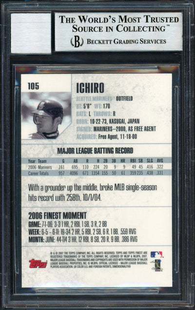 Ichiro Suzuki Autographed 2007 Topps Finest Card #105 Seattle Mariners Auto Grade 10 Beckett BAS #12491480