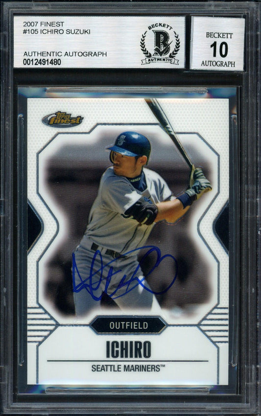 Ichiro Suzuki Autographed 2007 Topps Finest Card #105 Seattle Mariners Auto Grade 10 Beckett BAS #12491480