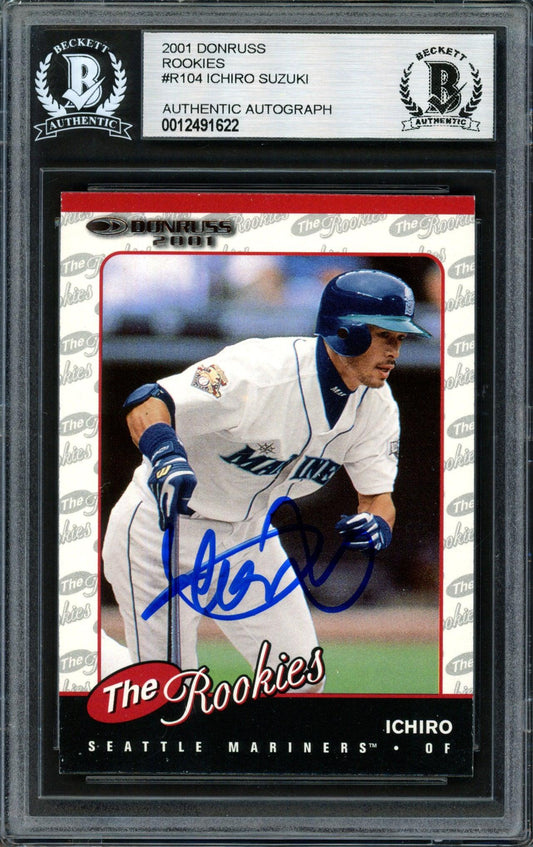 Ichiro Suzuki Autographed 2001 Donruss Rookie Card #R104 Seattle Mariners Beckett BAS Stock #182320