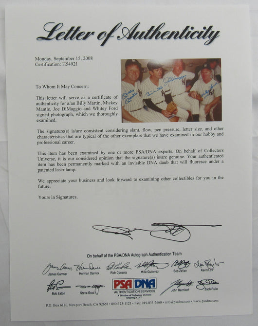 Mickey Mantle Joe DiMaggio Whitey Ford Billy Martin Signed Auto 11x14 Photo PSA/DNA LOA H54921
