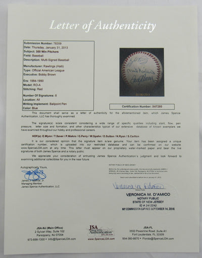 300 Wins Club Signed Rawlings Baseball JSA LOA X47280 - 8 Signatures