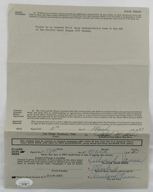 Ralph Kiner Signed Auto Contract JSA CF42580