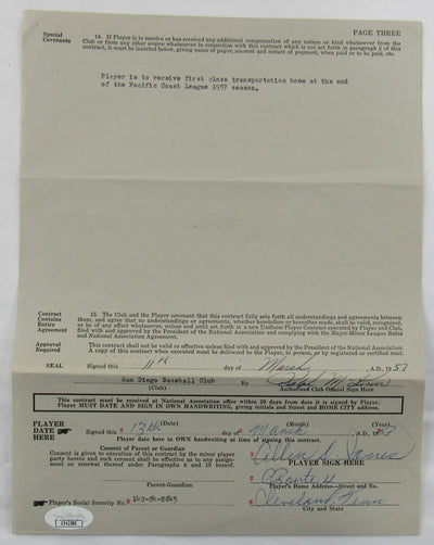 Ralph Kiner Signed Auto Contract JSA CF42580