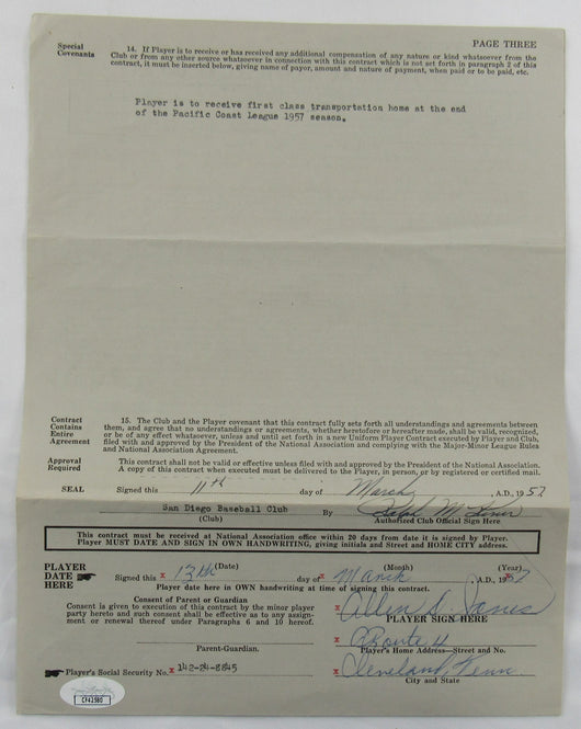 Ralph Kiner Signed Auto Contract JSA CF42580
