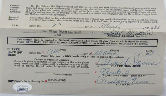 Ralph Kiner Signed Auto Contract JSA CF42580