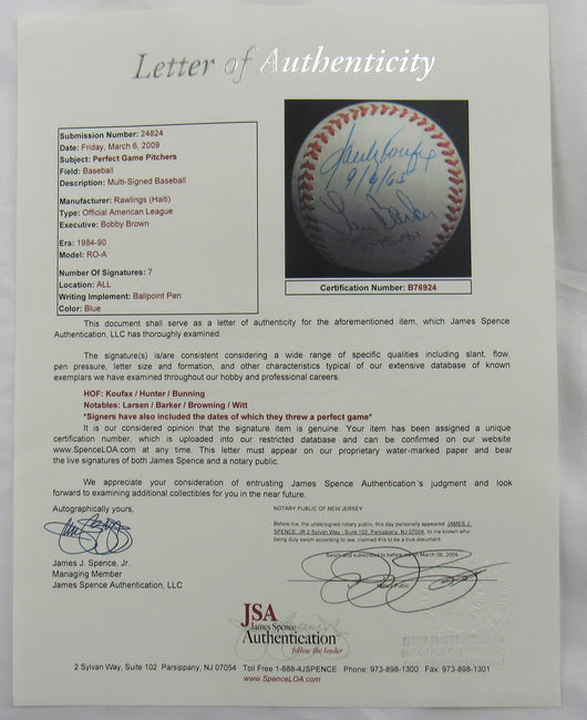 Sandy Koufax Jim Hunter Jim Bunning +4 Signed Auto Baseball JSA LOA B76924