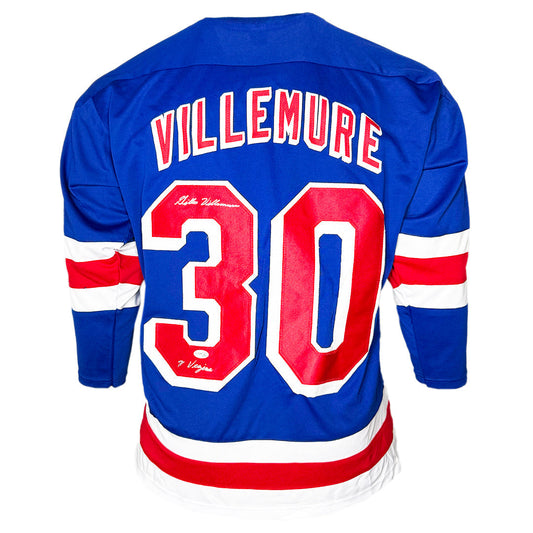 Gilles Villemure Signed 71 Vezina Inscription New York Blue Hockey Jersey (JSA)