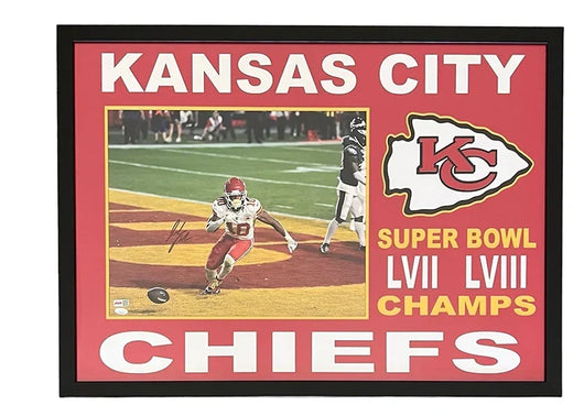 Isiah Pacheco Signed Kansas City Framed Football 28x38 Photo (JSA)