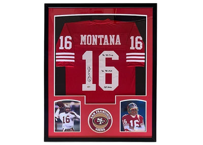 Joe Montana Signed 4x SB Champ - 3x SB MVP - HOF 2000 Inscription San Francisco Framed Jersey 34x42 (Beckett)