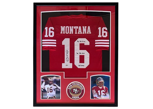 Joe Montana Signed 4x SB Champ - 3x SB MVP - HOF 2000 Inscription San Francisco Framed Jersey 34x42 (Beckett)
