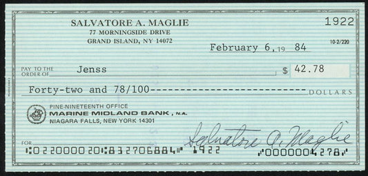 Sal Maglie Autographed 3x6 Check Brooklyn Dodgers, New York Yankees SKU #147875